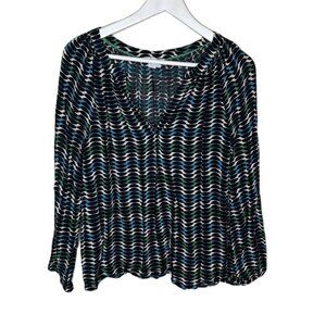 Boden Black & Blue Patterned Long Sleeve Popover Blouse, Size 4